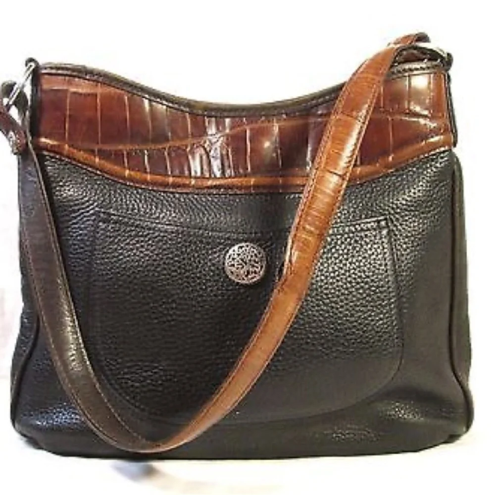 BEAUTIFUL BRIGHTON classic Bag Black Leather Brown Croc Peyton Style Vintage - Picture 3 of 8
